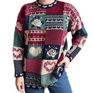 Vintage 90s Womens Patch Cottagecore Oversized Grandmacore Floral Sweater Sz L